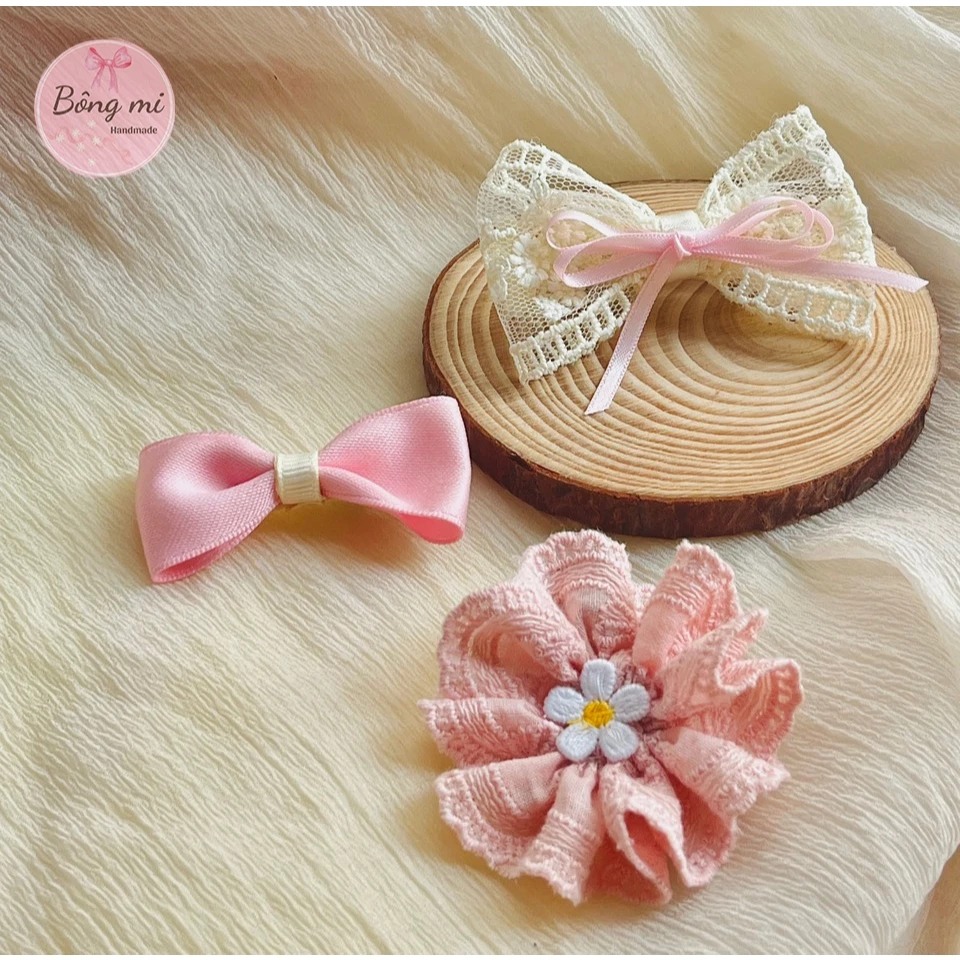 Set 3 kẹp tóc ren hoa phong cách tiểu thư tone hồng ngọt ngào