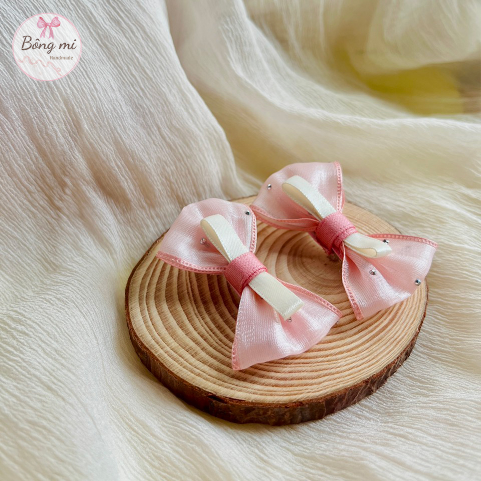 Set kẹp tóc voan đính đá tone hồng ngọt ngào