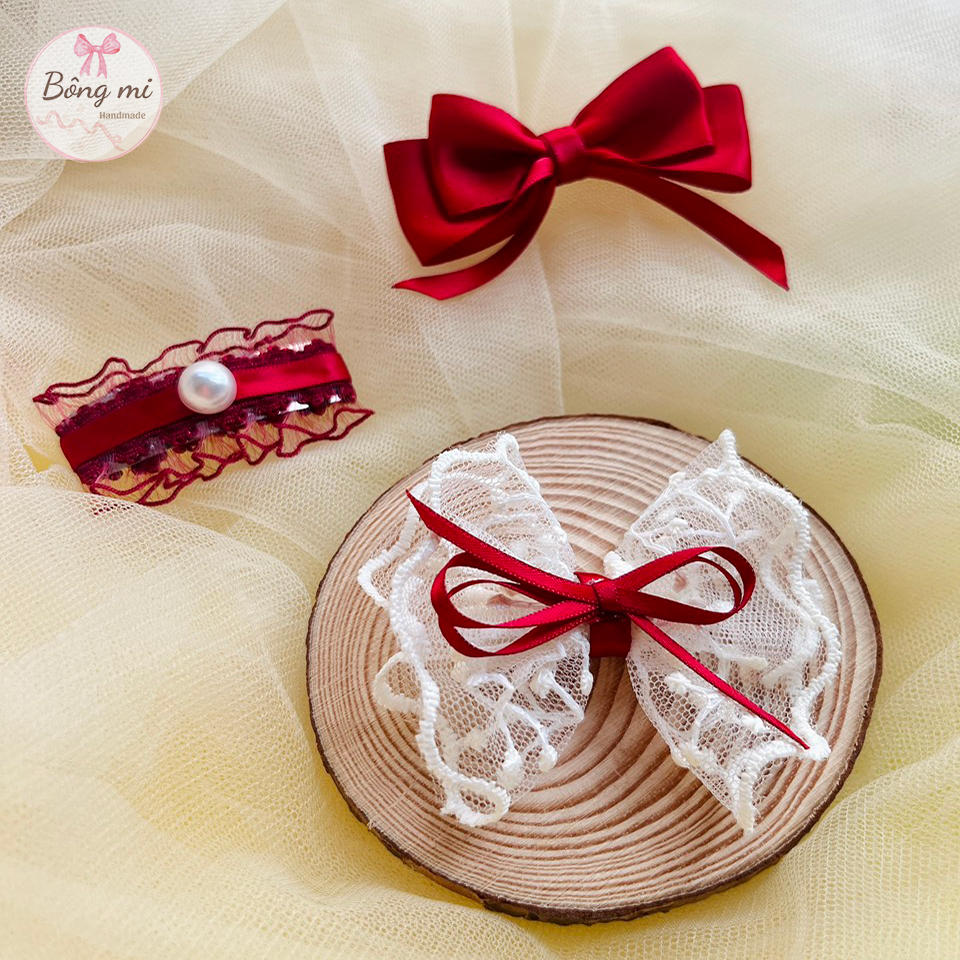 Set 3 kẹp tóc handmade tone đỏ nổi bật cho bé