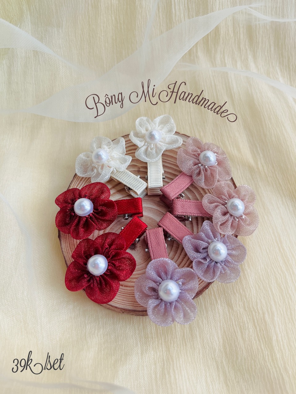 Set kẹp mái hoa voan nhí đính ngọc trai dễ thương cho bé gái