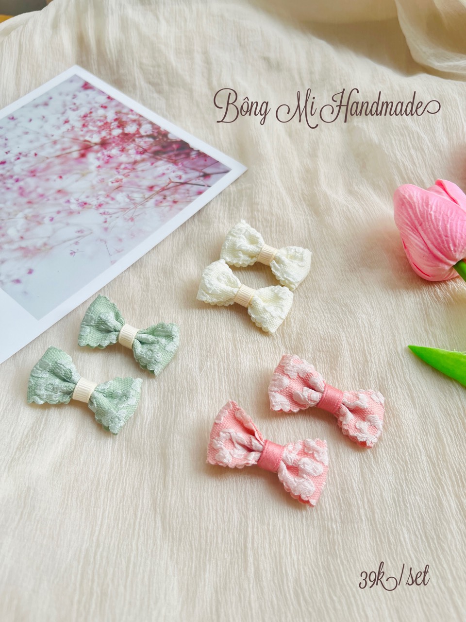 Kẹp tóc mái handmade chất liệu gấm hoa nổi mềm mại dễ thương